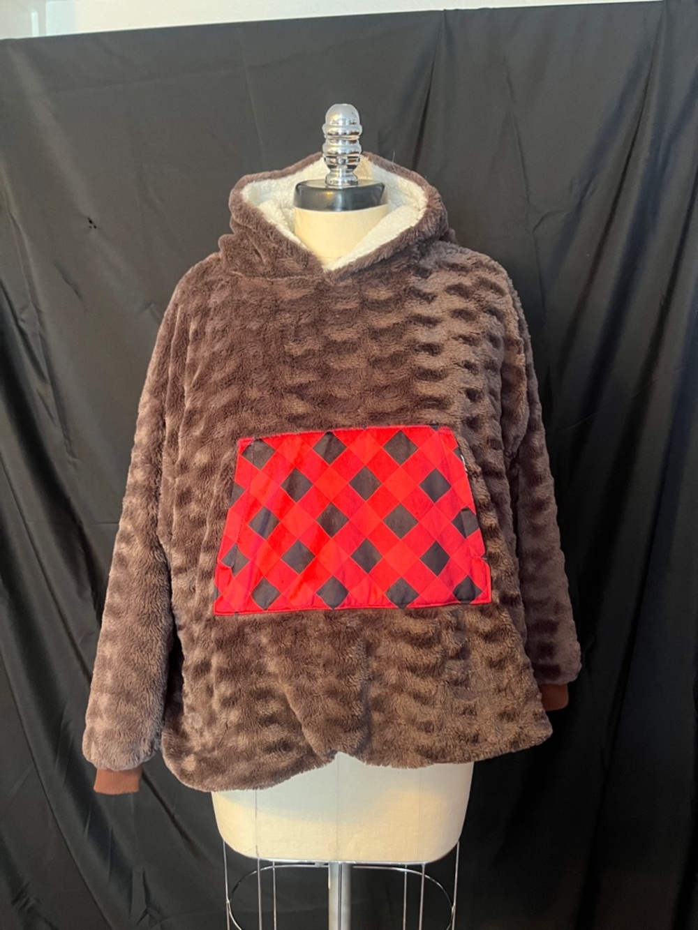Bear Plush Hooded Pullover with Red Plaid Pocket